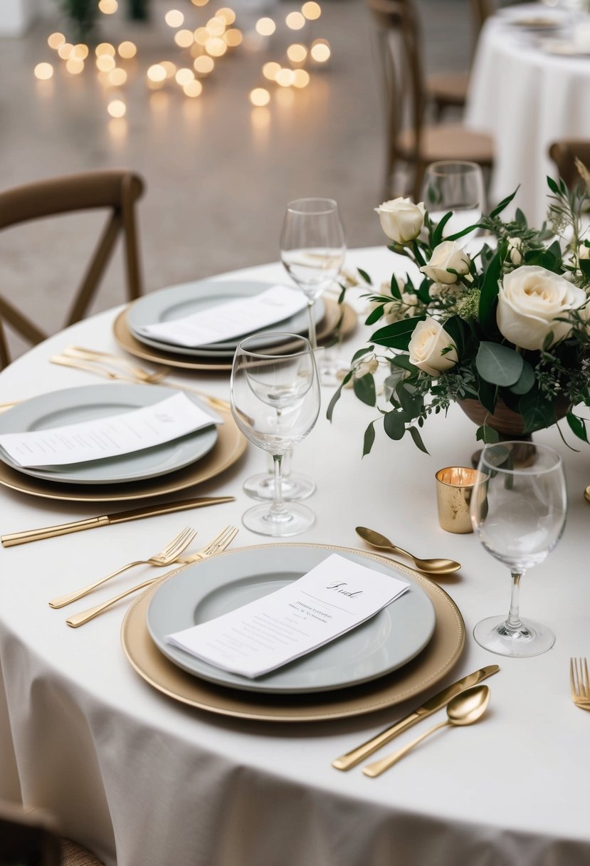 A table set with elegant, minimalistic place settings and a selection of beautifully presented, easy-to-serve dishes for a small wedding reception