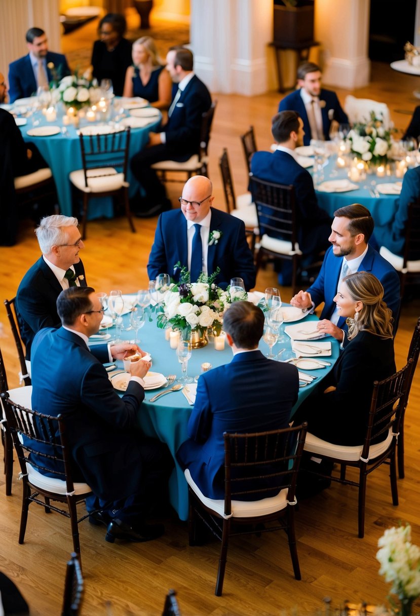 Guests with similar interests seated together at a round table, engaged in lively conversation. Tables adorned with elegant centerpieces and soft lighting create a warm and inviting atmosphere