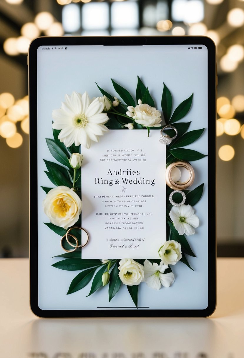 A digital invitation with wedding elements, like rings and flowers, displayed on a tablet or computer screen