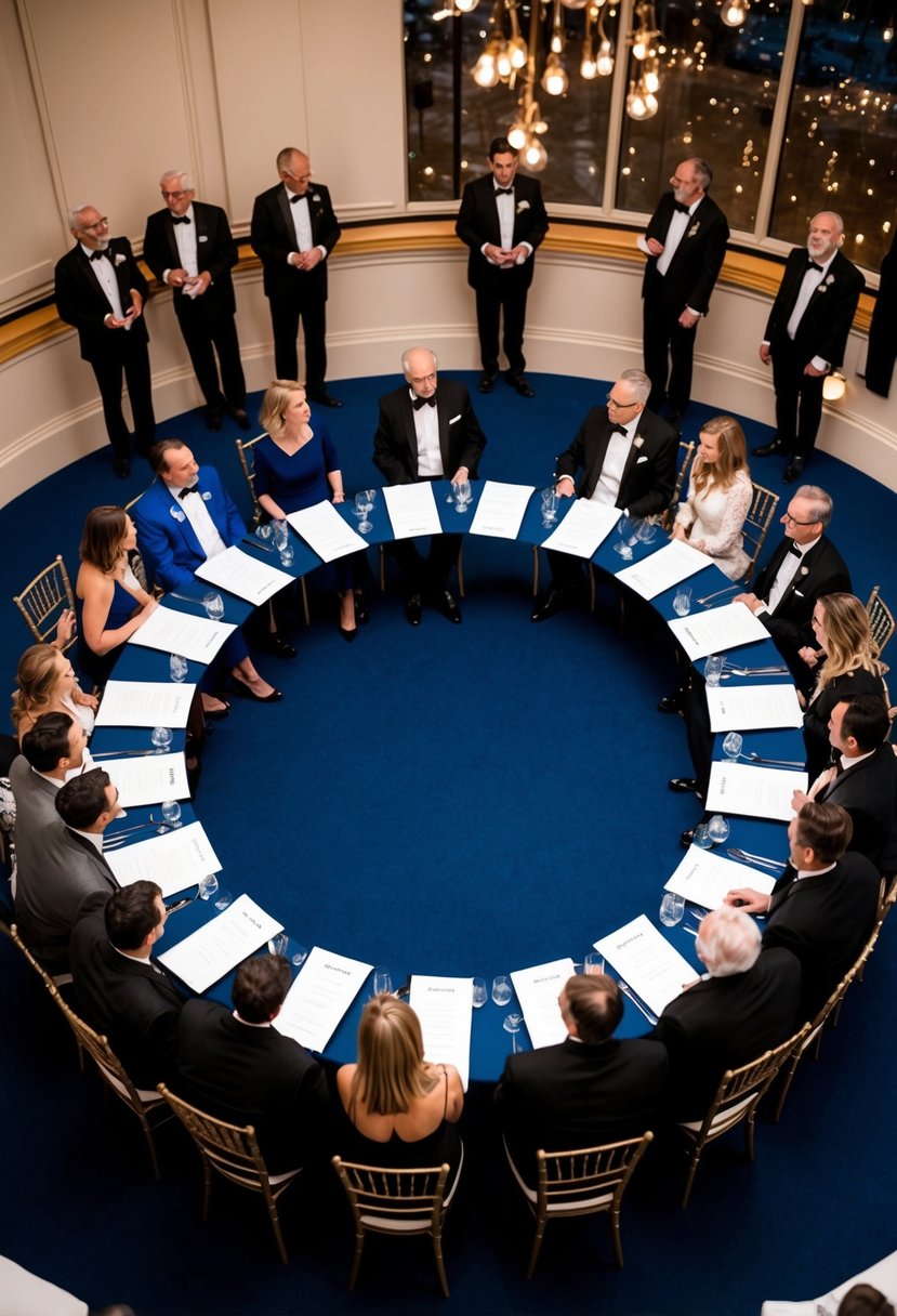 Guests seated in a circular arrangement, with ample space between each chair. Name cards indicate assigned seats. Host strategically places friendly guests near each other and separates known adversaries