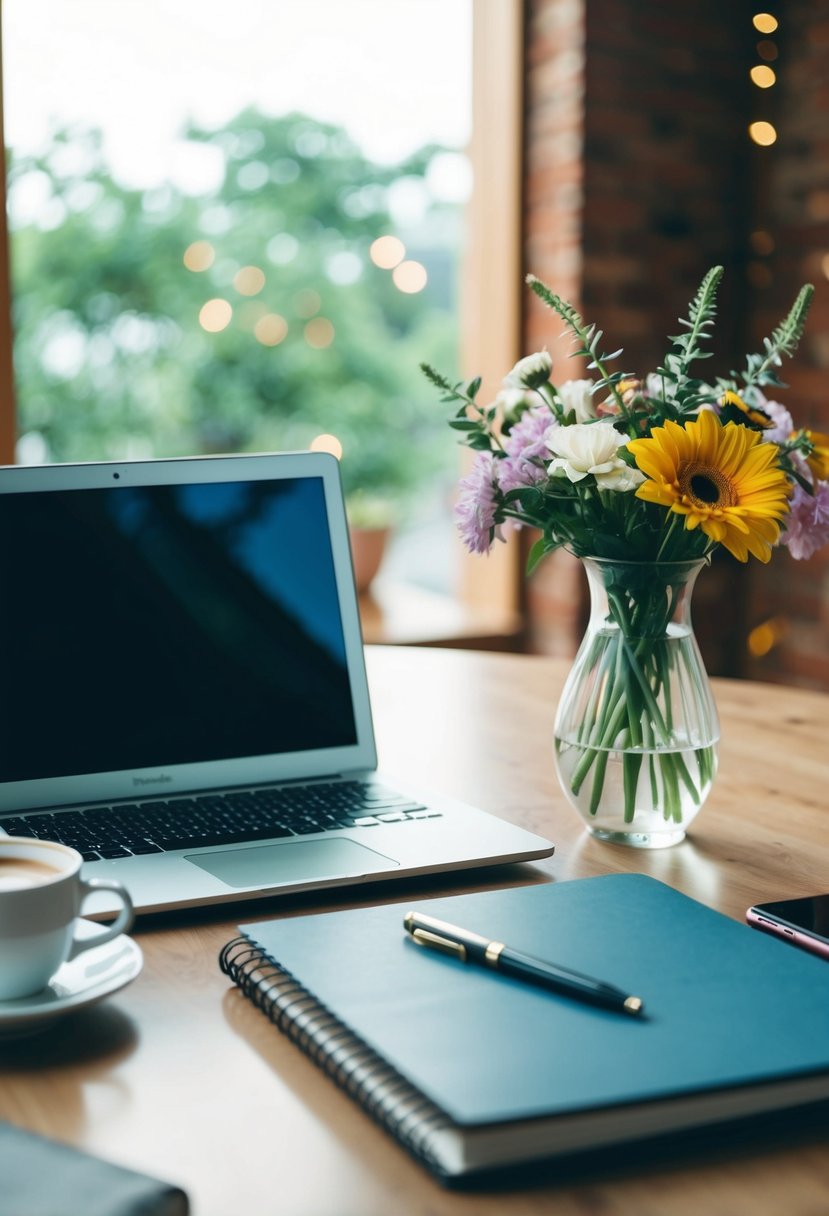 A table with a laptop, notebook, and pen. A vase of flowers and a cup of coffee sit nearby