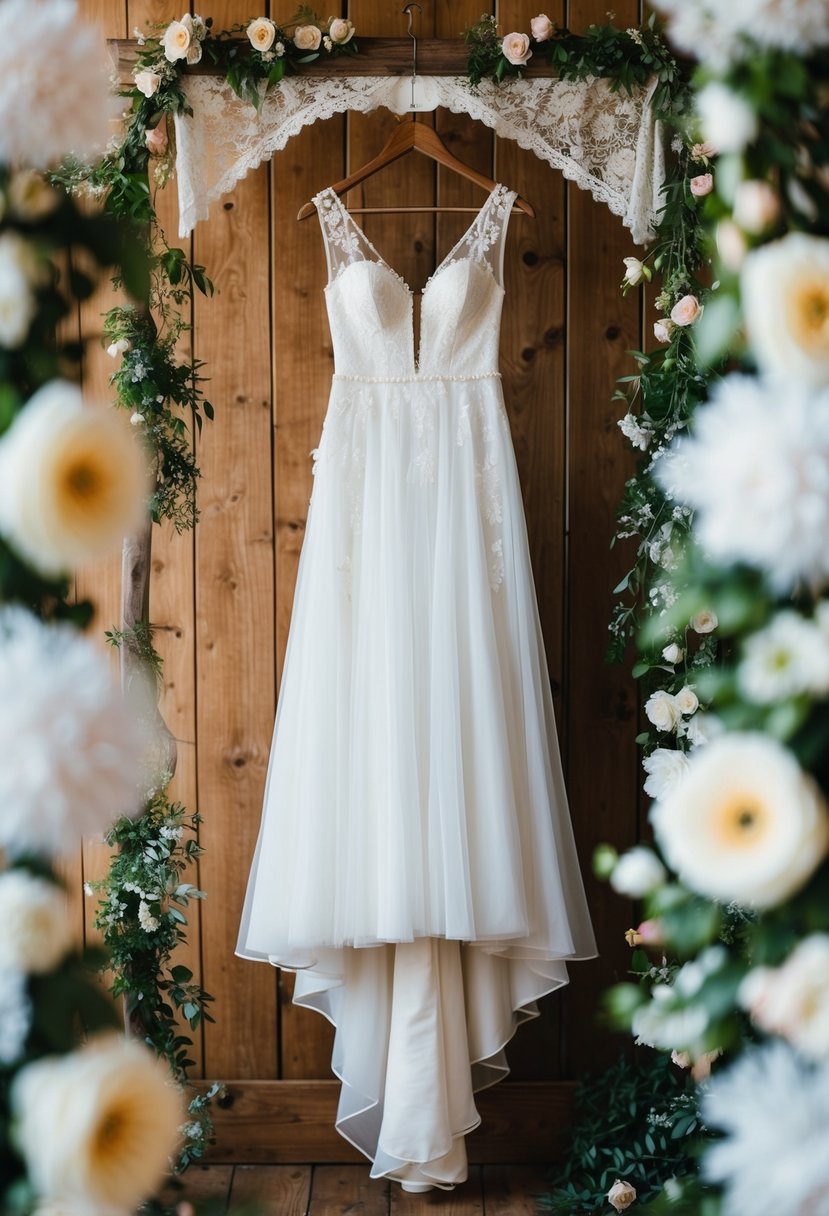 A flowing white wedding dress hanging on a rustic wooden hanger, surrounded by delicate lace and floral details