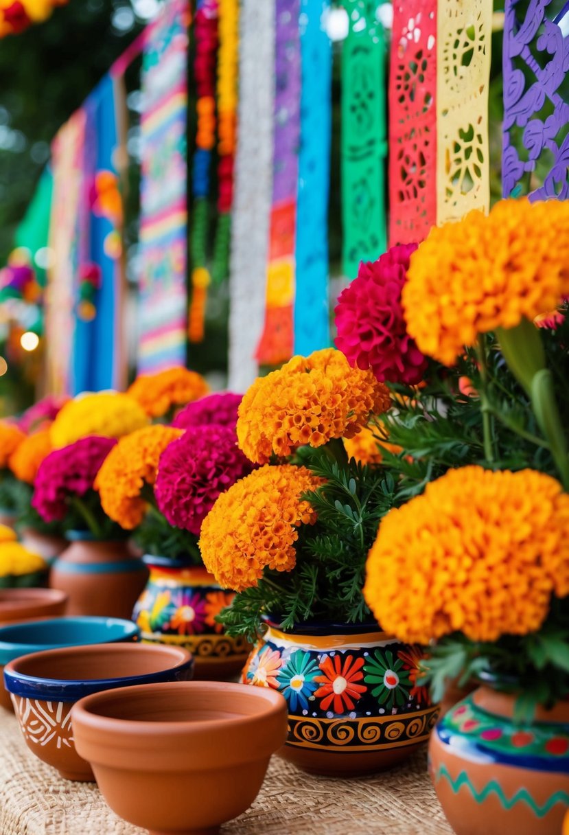 Colorful papel picado, vibrant marigolds, and traditional clay pottery decorate a festive Mexican wedding celebration