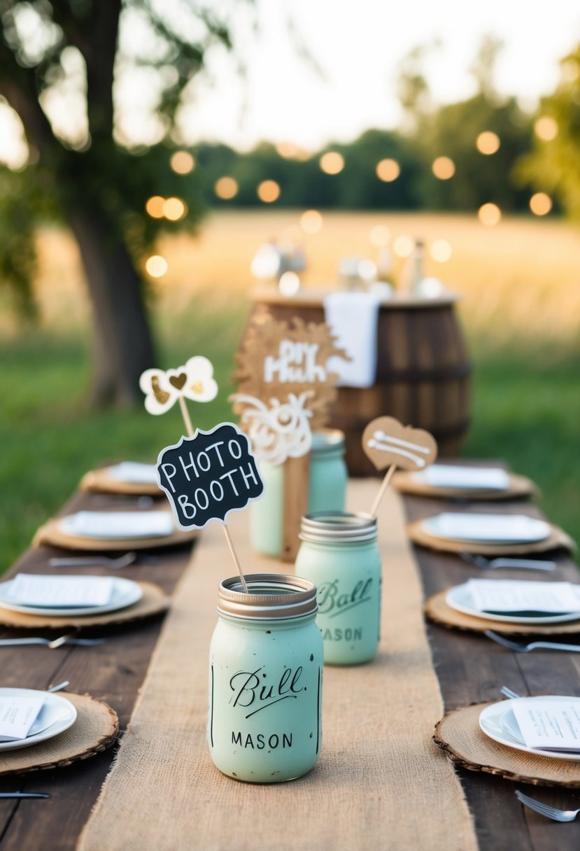 A rustic outdoor wedding with handmade decor: mason jar centerpieces, burlap table runners, and a DIY photo booth with handmade props