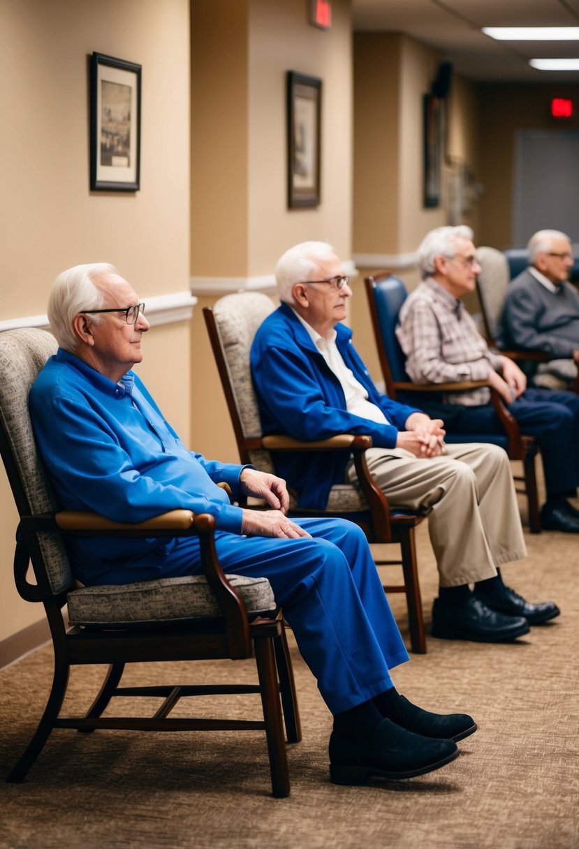 Elders seated comfortably with armrests, cushions, and wide, sturdy chairs. Easy access with no obstacles in the path