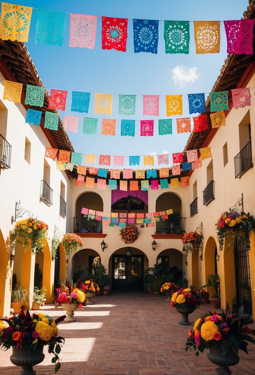 Vibrant papel picado banners hang above a festive outdoor courtyard, adorned with colorful papel picado banners and bright floral arrangements