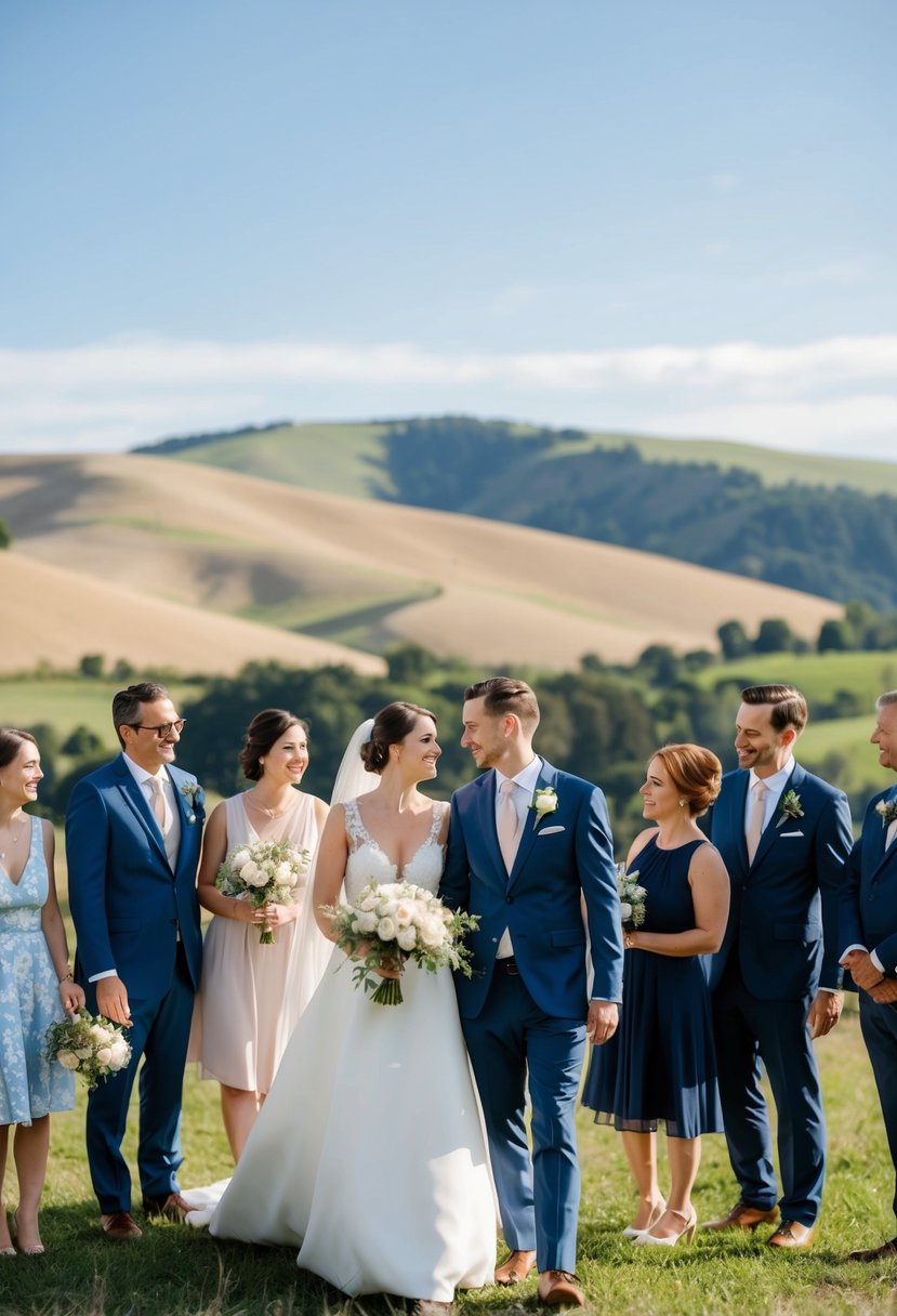 A small outdoor wedding with a bride and groom surrounded by a few close friends and family members, set against a backdrop of rolling hills and a clear blue sky