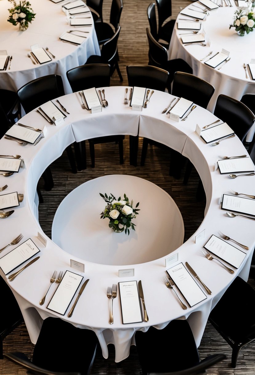 Circular tables with chairs placed closely together. Open space in the center. Place name cards to assign seats. Use low centerpieces. Avoid tall barriers