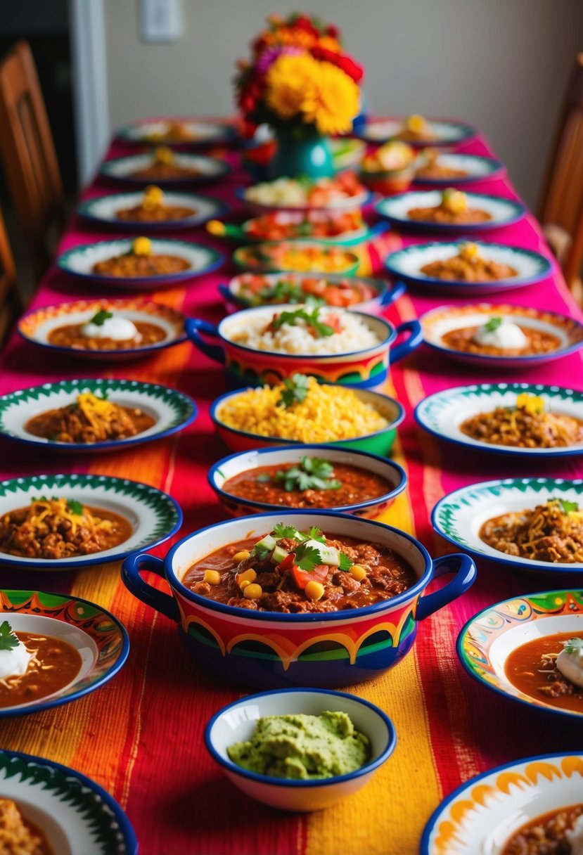 A colorful fiesta table filled with traditional Mexican dishes and decorations