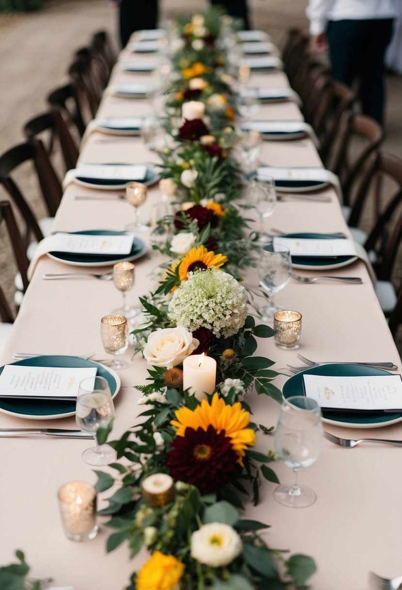 A table adorned with seasonal flowers and greenery, set for a simple wedding celebration