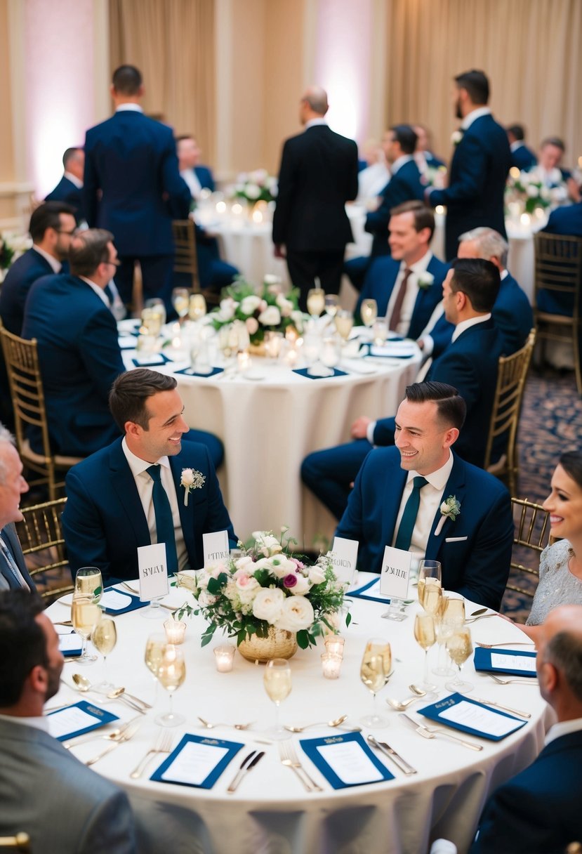 Guests seated at round tables with name cards, floral centerpieces, and elegant table settings. Hosts greeting and directing guests to their assigned seats