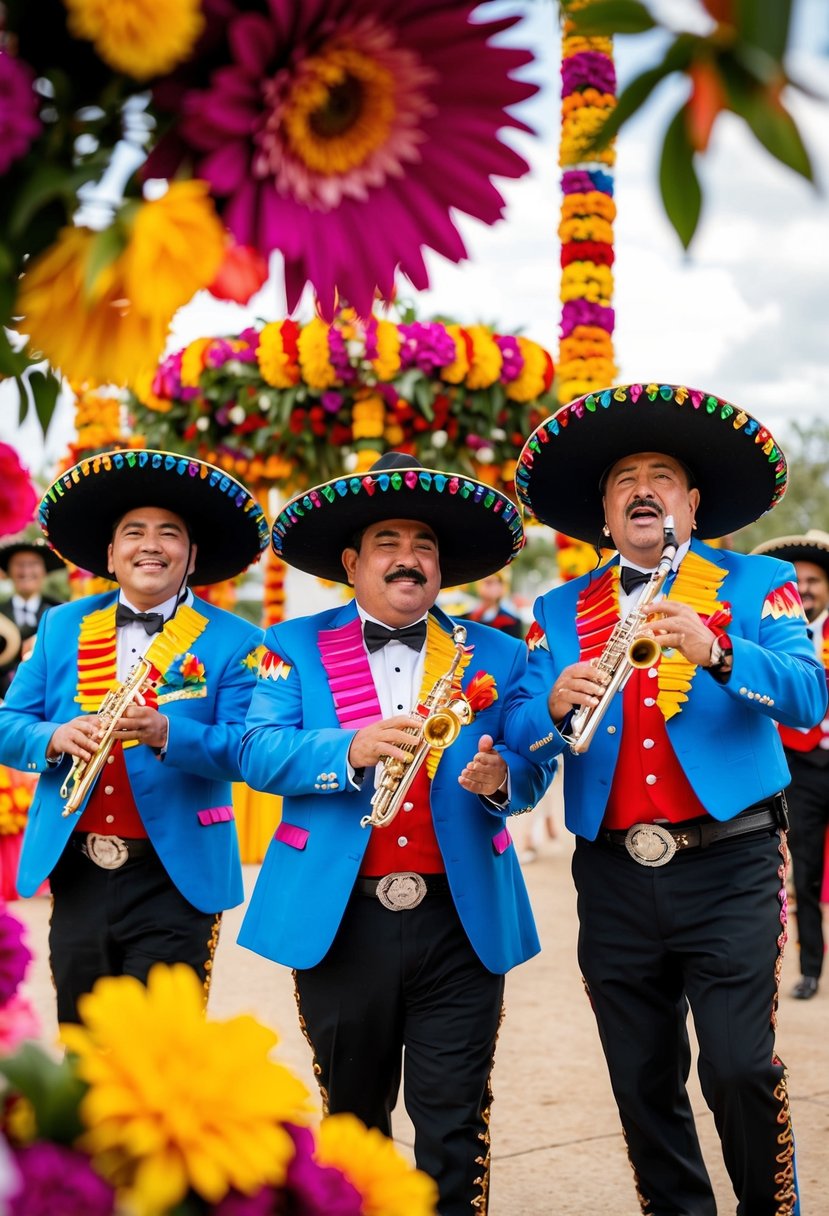 A colorful mariachi band performs at a festive Mexican wedding, surrounded by vibrant flowers and traditional decorations