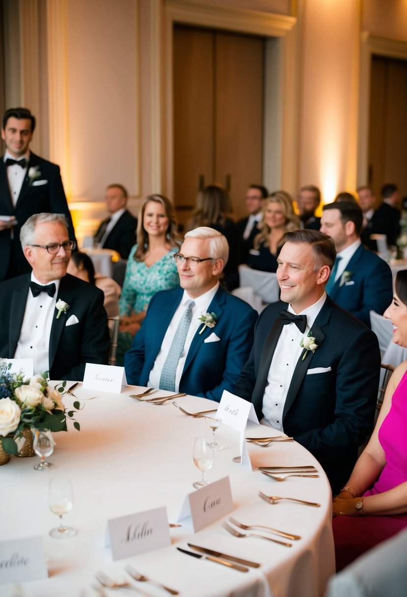 Guests seated at a round table, with name cards indicating assigned seats. Host stands nearby, ready to assist with any requests