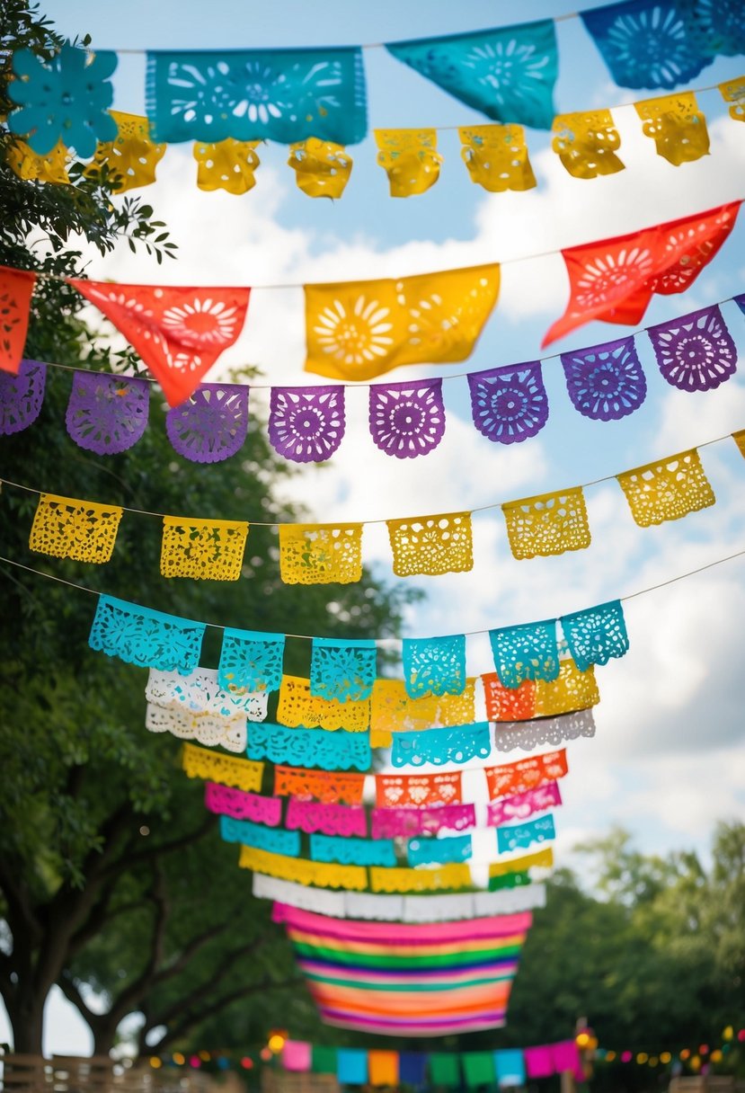 Colorful papel picado banners hang overhead, swaying in the breeze. Brightly patterned flags and intricate cut-out designs create a festive atmosphere for a Mexican wedding celebration