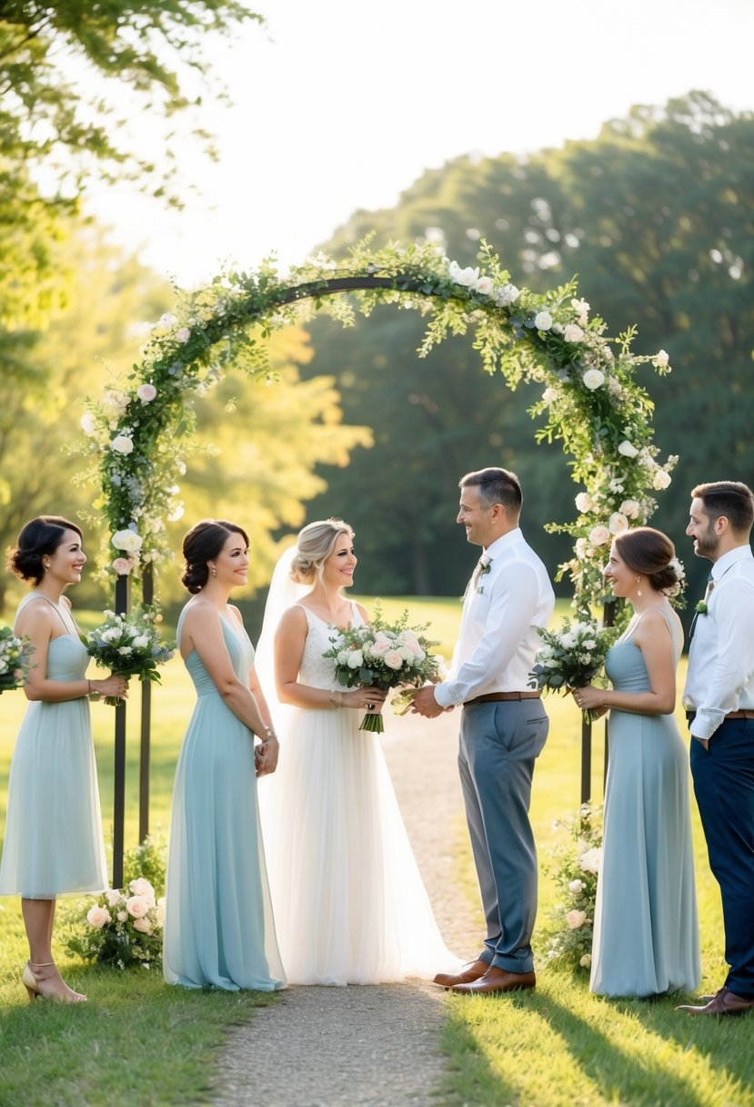 A serene outdoor setting with a simple arch adorned with flowers, surrounded by a few close friends and family members, with a gentle breeze and soft sunlight