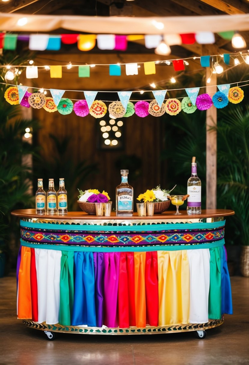 A colorful tequila bar setup with festive decorations and Mexican-themed elements for a wedding celebration