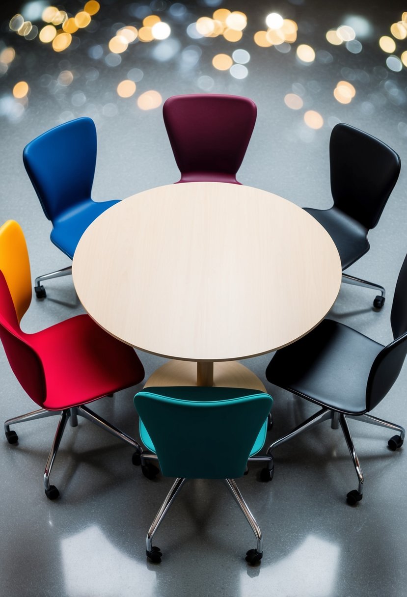 A round table with five chairs arranged evenly, each chair facing the center. A mix of colors and styles to represent diverse genders