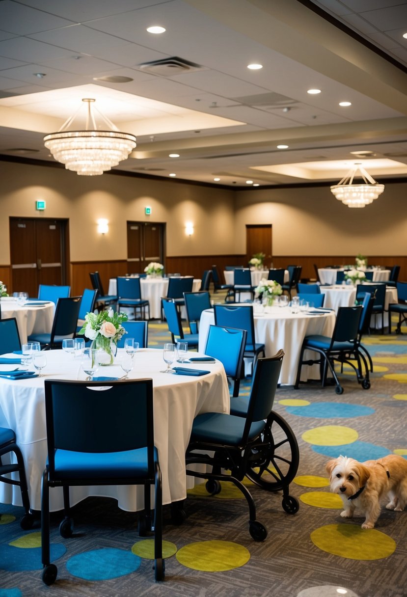 A banquet hall with wheelchair-accessible tables, adjustable seating, clear pathways, and designated areas for service animals