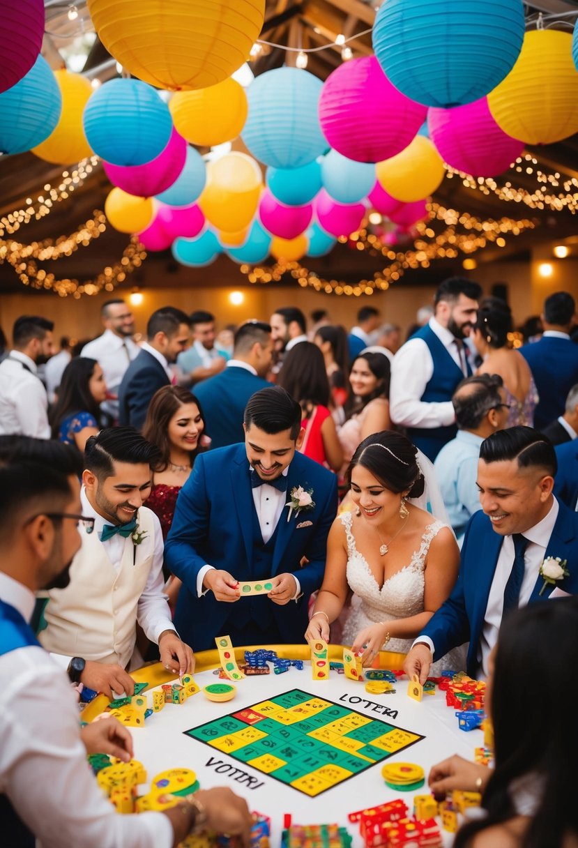 A lively wedding reception with guests playing Lotería, surrounded by colorful decorations and festive music