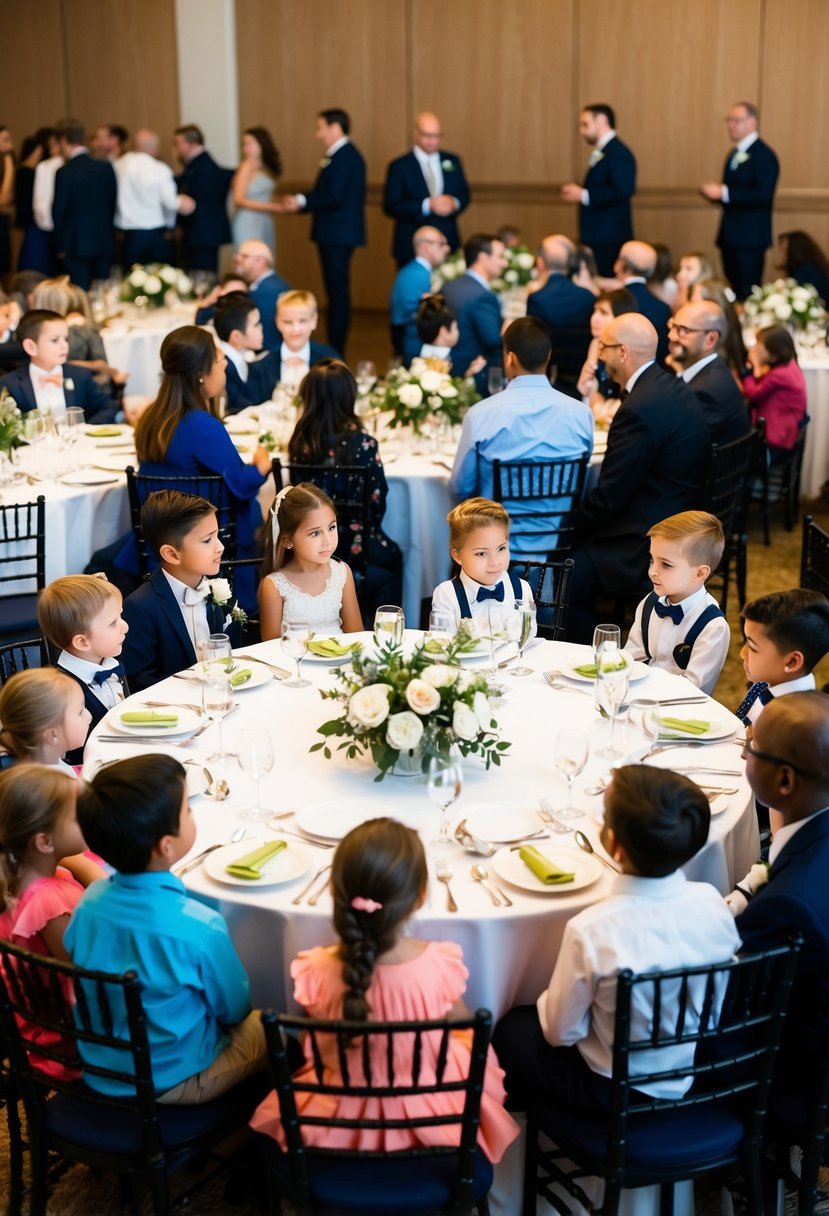 Children seated with parents, guardians nearby. Guests arranged in clusters, facing each other. Tables set with place settings and centerpieces