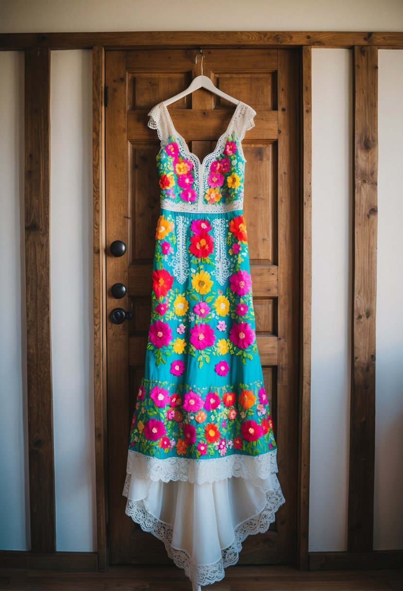 A colorful Mexican wedding dress hanging on a rustic wooden door with vibrant floral embroidery and delicate lace details