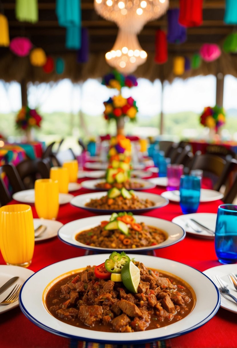 A table set with red chile con carne, surrounded by colorful Mexican wedding decor