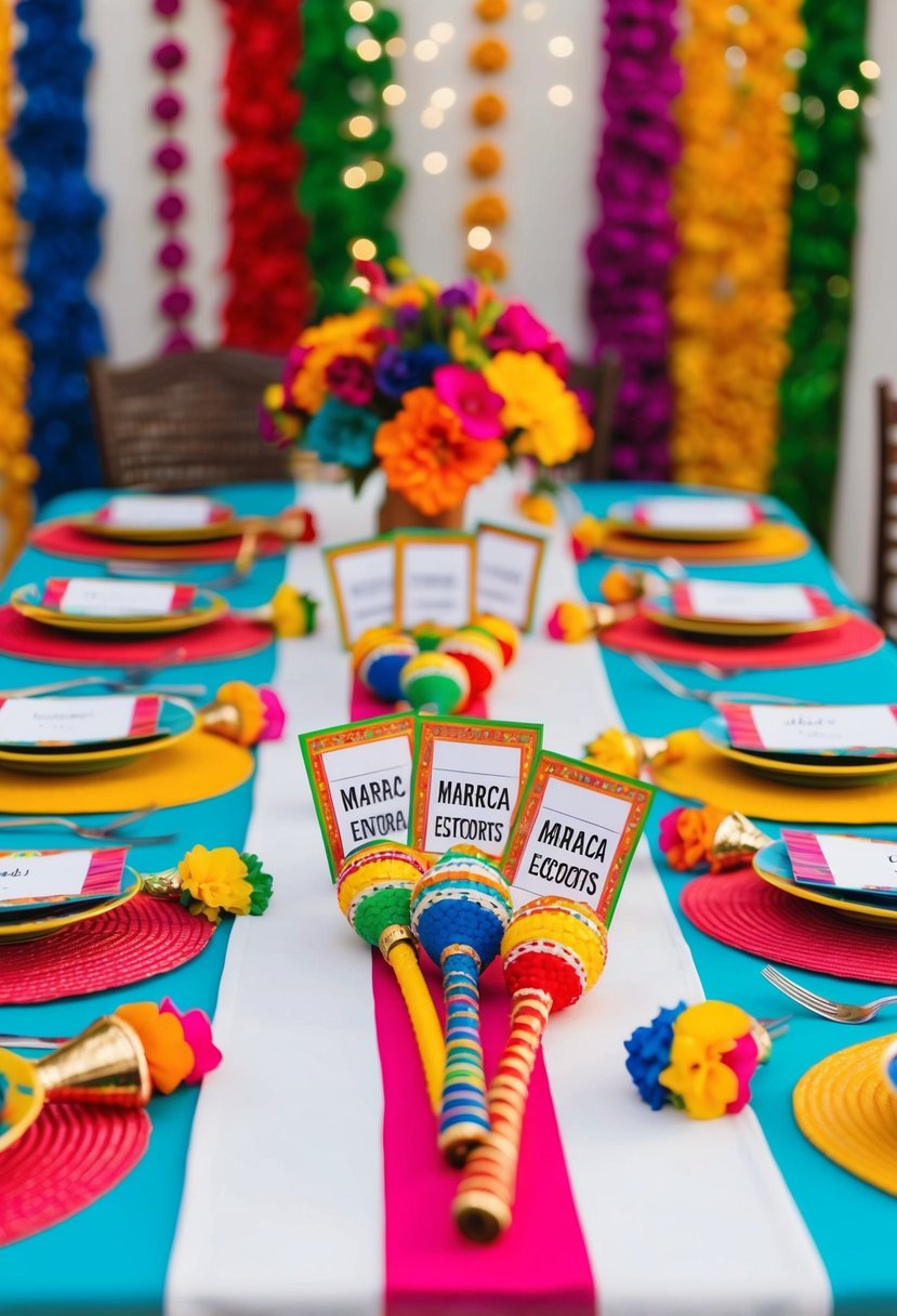 A festive table setting with maraca escort cards arranged in a colorful and vibrant Mexican wedding theme