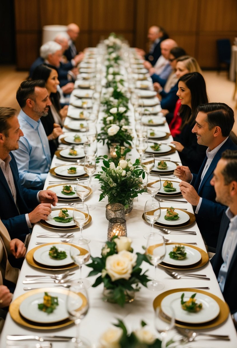 A large dining table with multiple place settings, arranged in a way that allows for easy conversation and interaction between guests