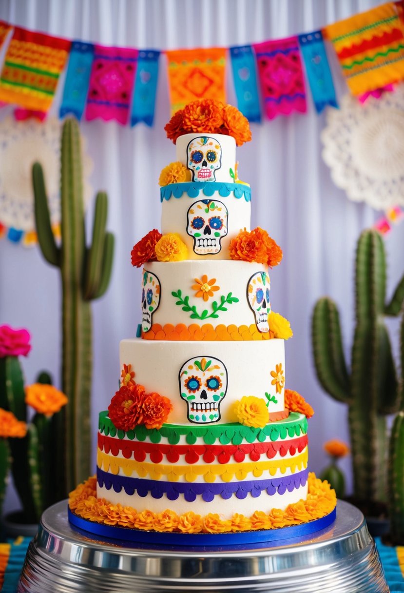 A colorful, tiered wedding cake adorned with sugar skulls, marigolds, and papel picado, set against a backdrop of vibrant papel picado banners and cacti