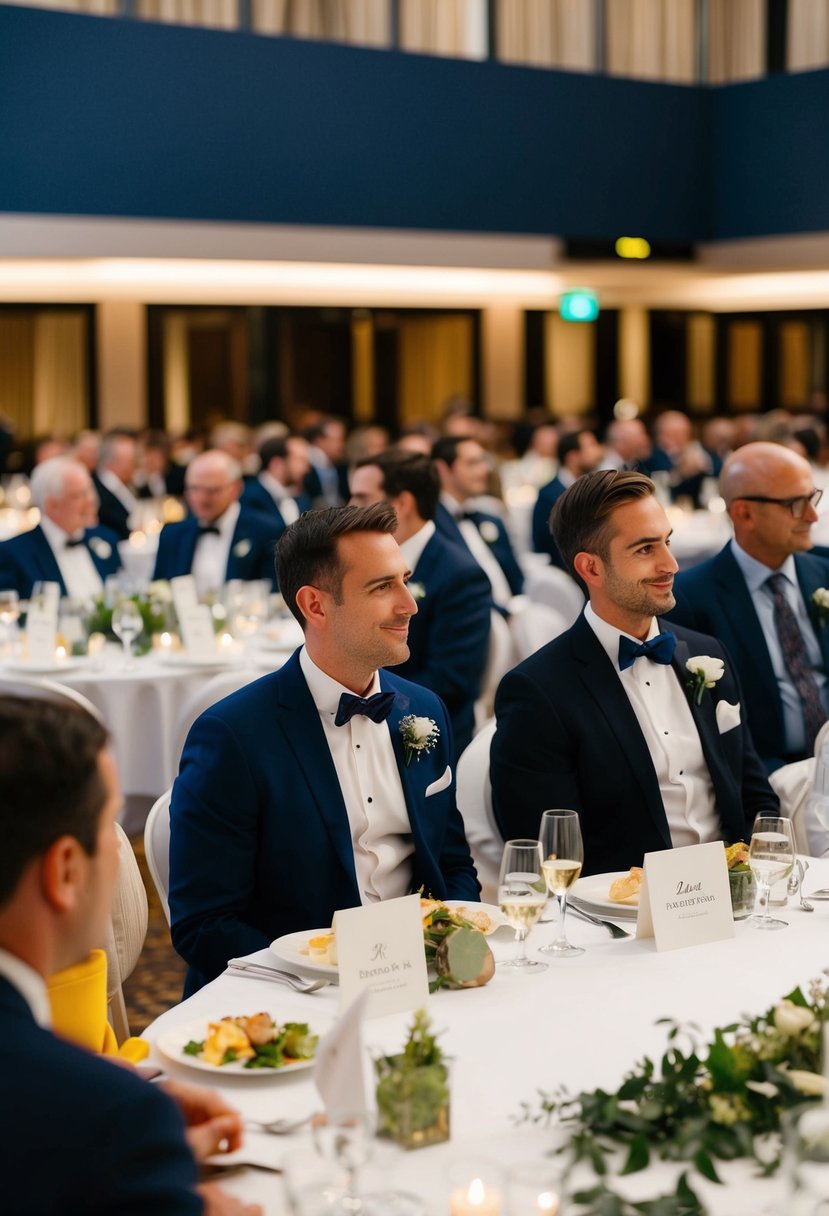 Guests seated at a formal event with place cards, arranged in groups of similar interests or relationships, with clear visibility and easy access for serving