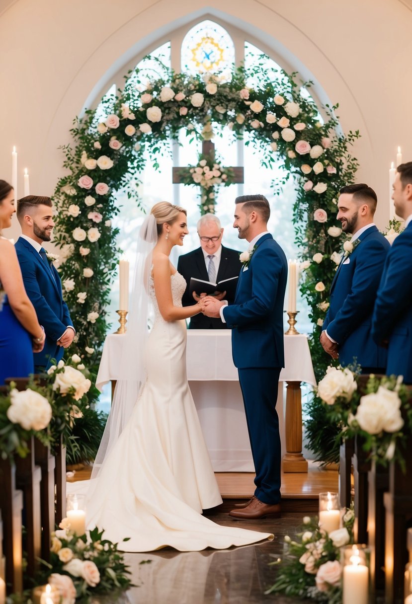 A bride and groom standing at the altar, surrounded by flowers and candles, exchanging vows under a beautiful archway