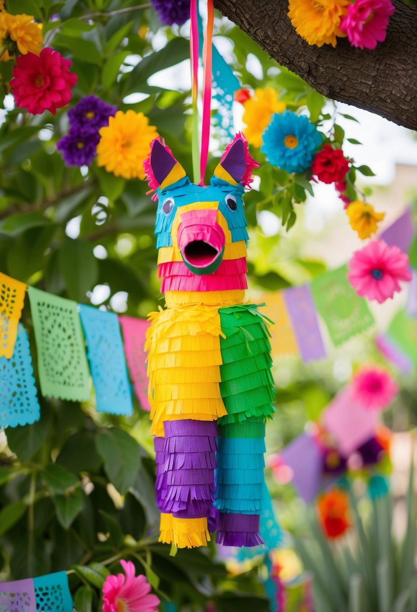 A vibrant piñata hangs from a tree, surrounded by festive papel picado and colorful flowers