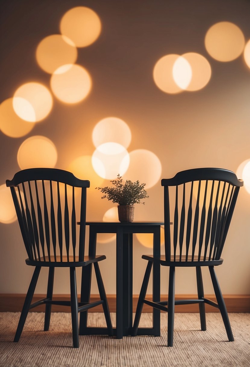 Two chairs facing each other, with a small table in between, set against a cozy backdrop of soft lighting and warm colors