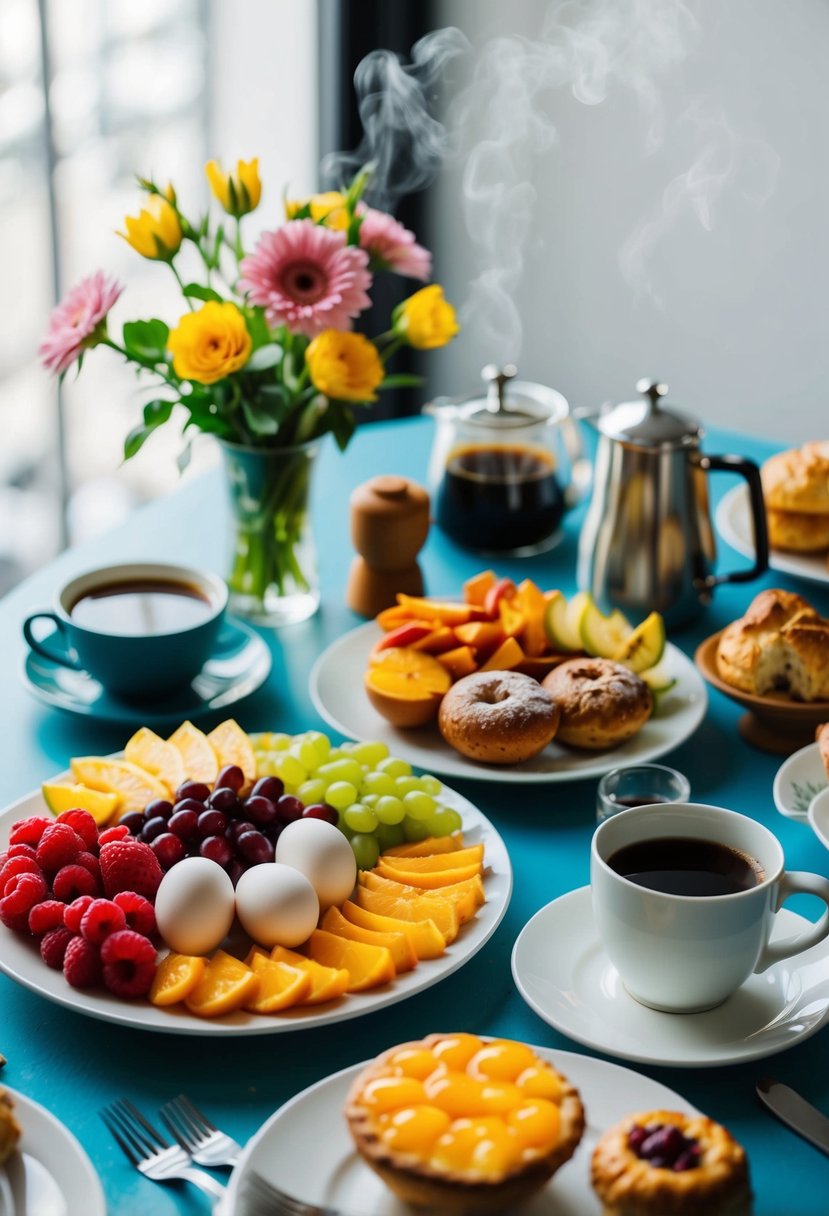 A table set with a colorful spread of fruits, eggs, and pastries, accompanied by a steaming pot of coffee and a vase of fresh flowers