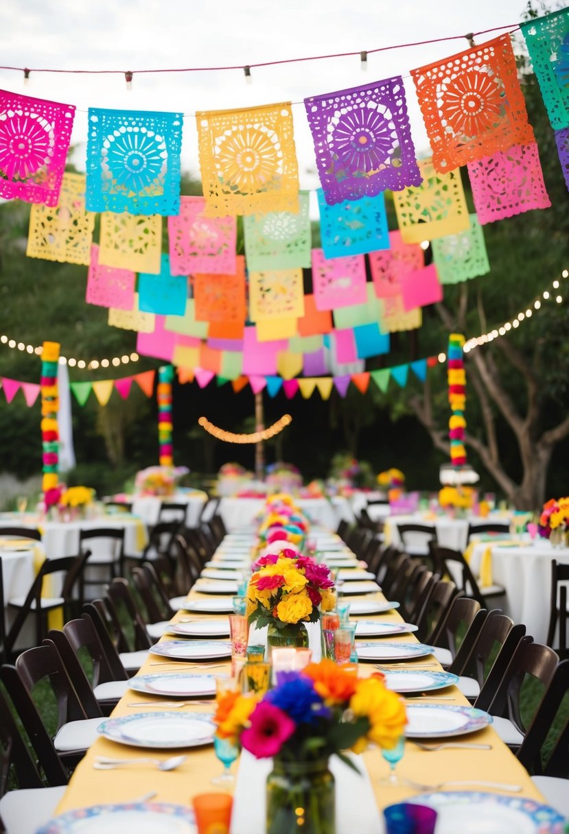 Colorful papel picado banners hang above an outdoor wedding reception, swaying gently in the breeze. Bright flowers and traditional Mexican decor adorn the tables, creating a festive and vibrant atmosphere