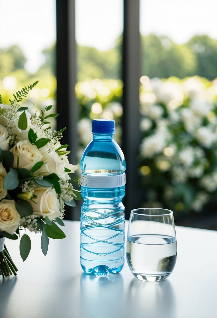 A water bottle and a glass of water next to a wedding bouquet on a table