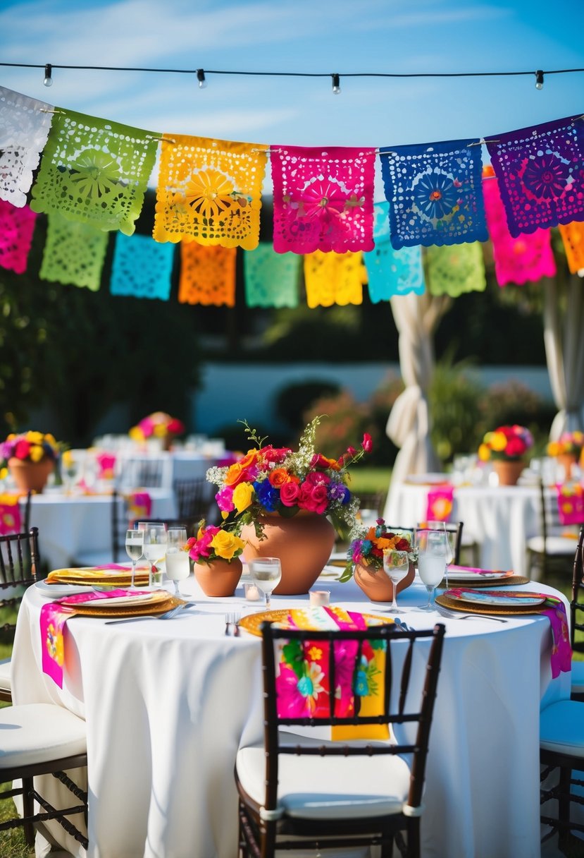 A colorful papel picado banner hangs above a festive outdoor wedding reception, with tables adorned with vibrant floral centerpieces and traditional Mexican clay pots