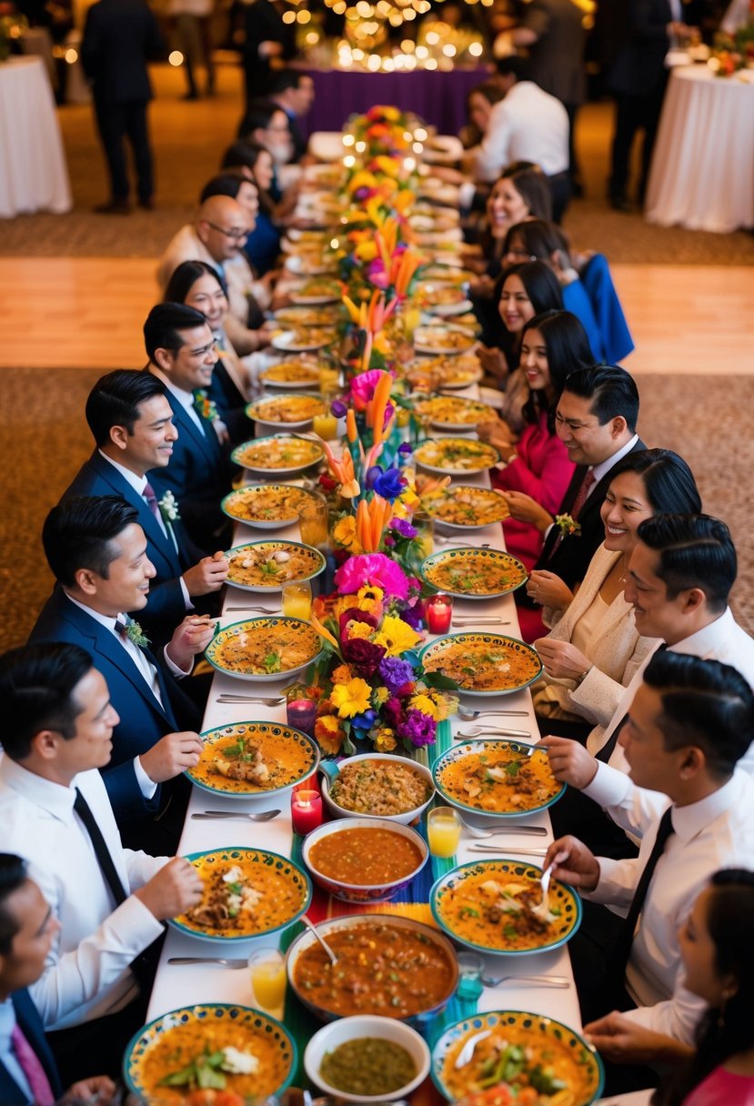 A long table set with colorful Mexican dishes, surrounded by festive decorations and vibrant flowers, as guests gather for a family-style reception meal