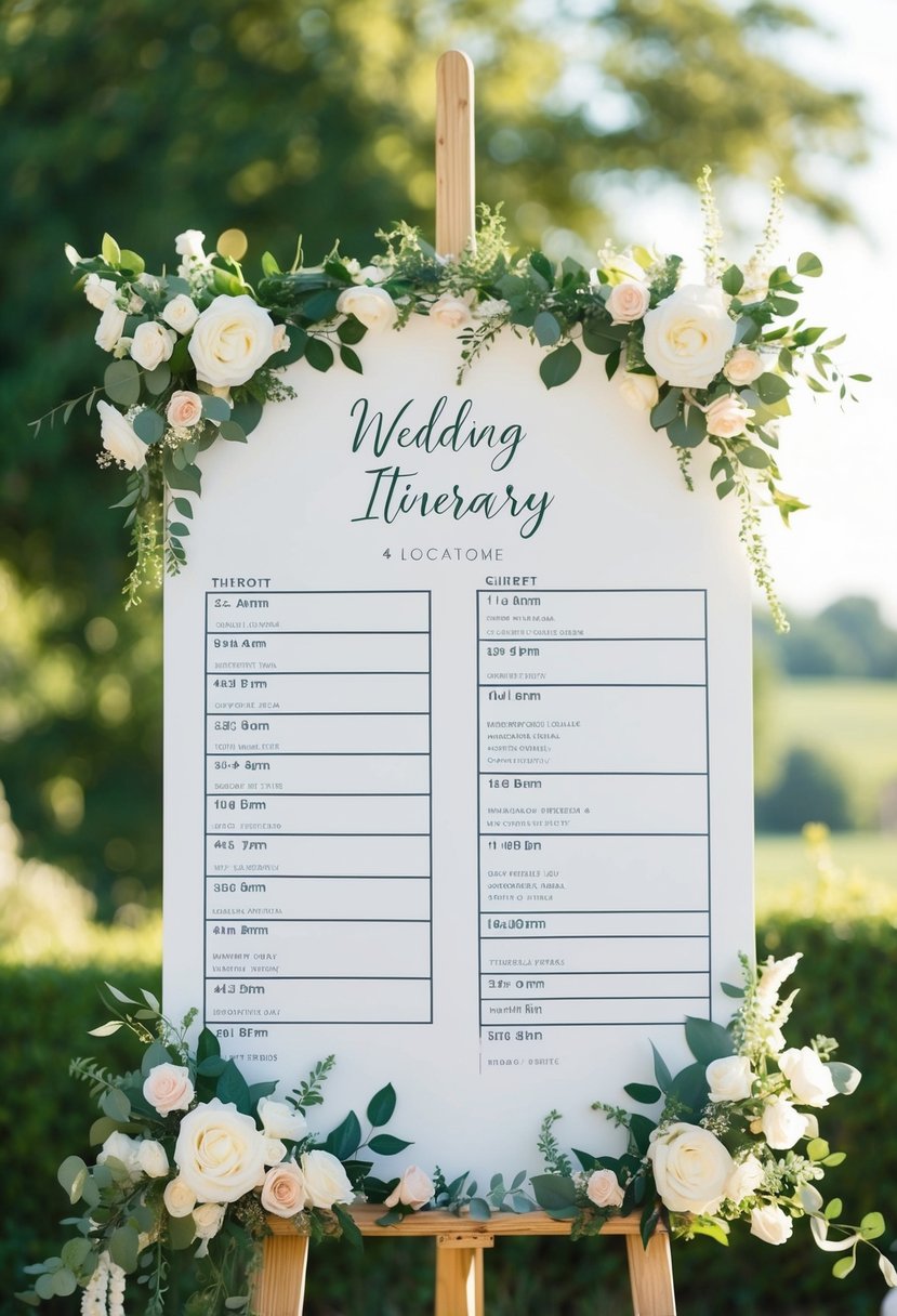 A beautifully decorated wedding itinerary with time slots and locations for the bride and groom’s special day