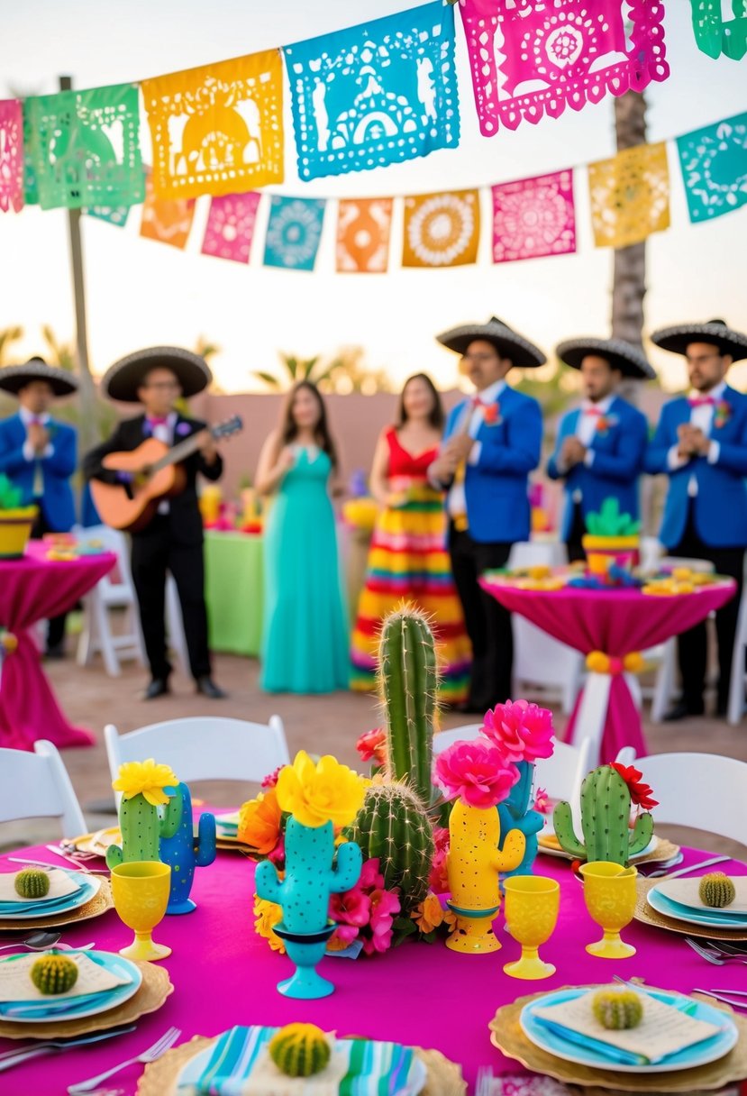 A vibrant outdoor wedding reception with colorful papel picado banners, piñatas, and cacti centerpieces. Mariachi band playing in the background