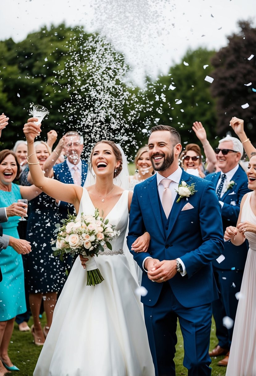 A bride and groom stand under a shower of confetti, surrounded by joyful guests, capturing the unexpected moments of their wedding day