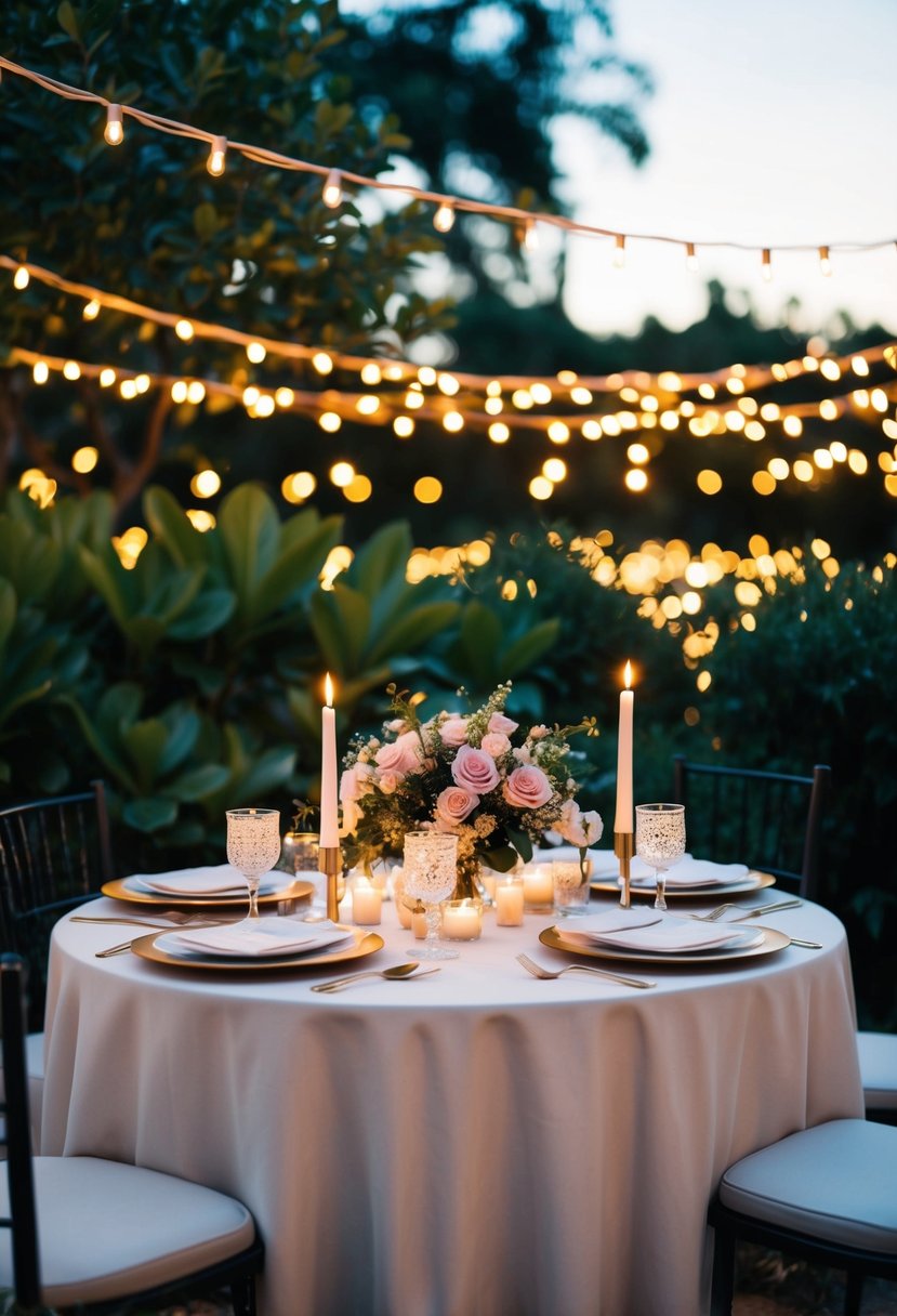 A cozy, candlelit table for two with elegant place settings and a bouquet of flowers, set against a romantic backdrop of twinkling lights and lush greenery