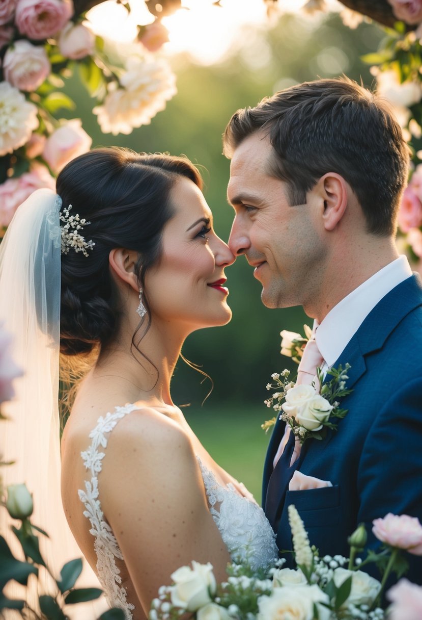 A bride and groom lock eyes for the first time on their wedding day, surrounded by blooming flowers and soft, romantic lighting