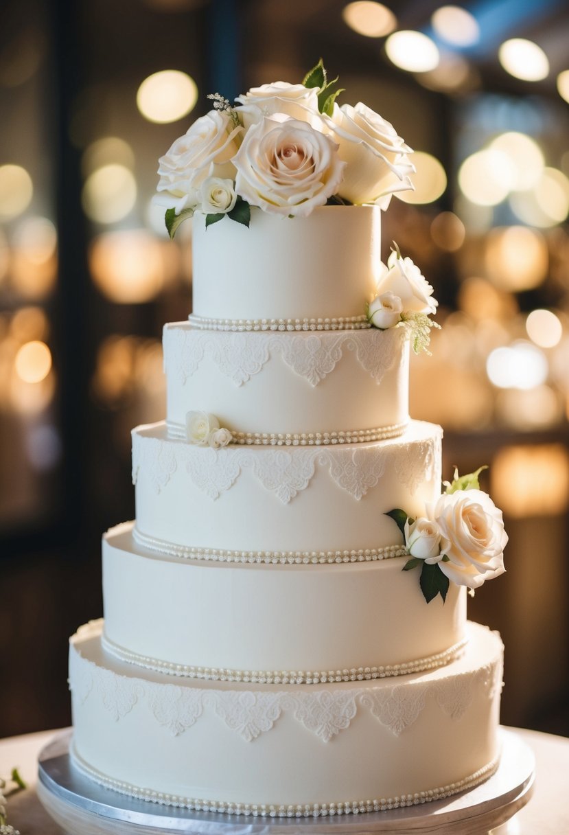 A three-tiered wedding cake adorned with delicate white roses and intricate lace detailing