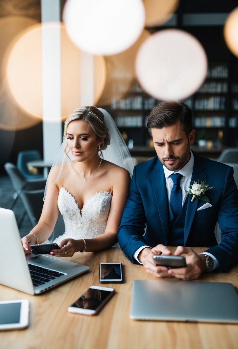 A bride and groom sit at a table, surrounded by phones and laptops. They look stressed and overwhelmed, trying to focus on wedding planning amidst social media distractions