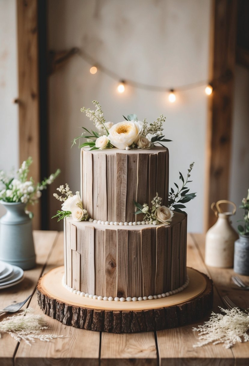 A rustic barn cake with wood-textured fondant sits on a wooden table, adorned with delicate floral accents and surrounded by vintage farm-inspired decor