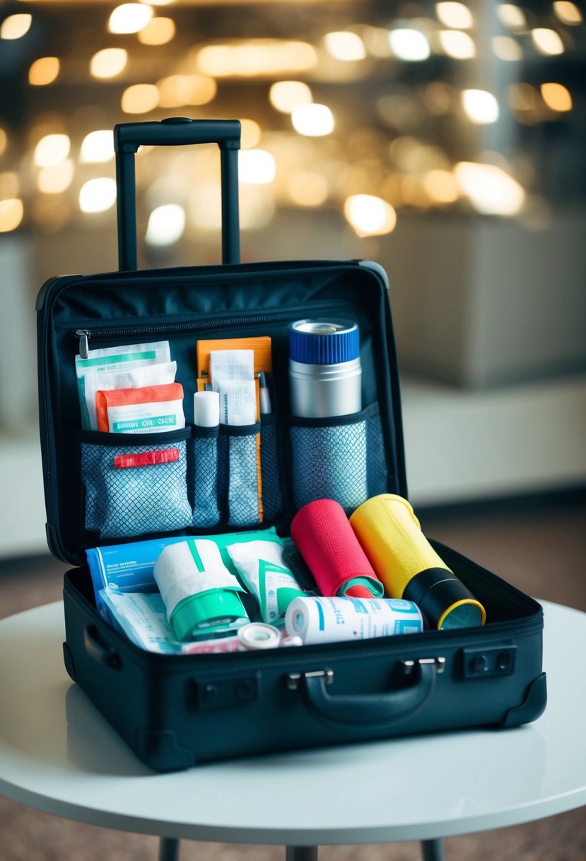 An open suitcase on a table, filled with emergency items like bandages, medicine, and a flashlight