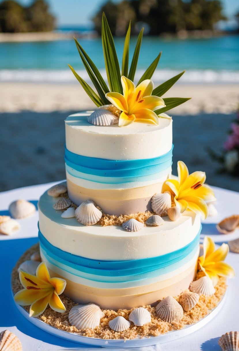 A beach-themed wedding cake with edible shells and sand, surrounded by tropical flowers and seashells