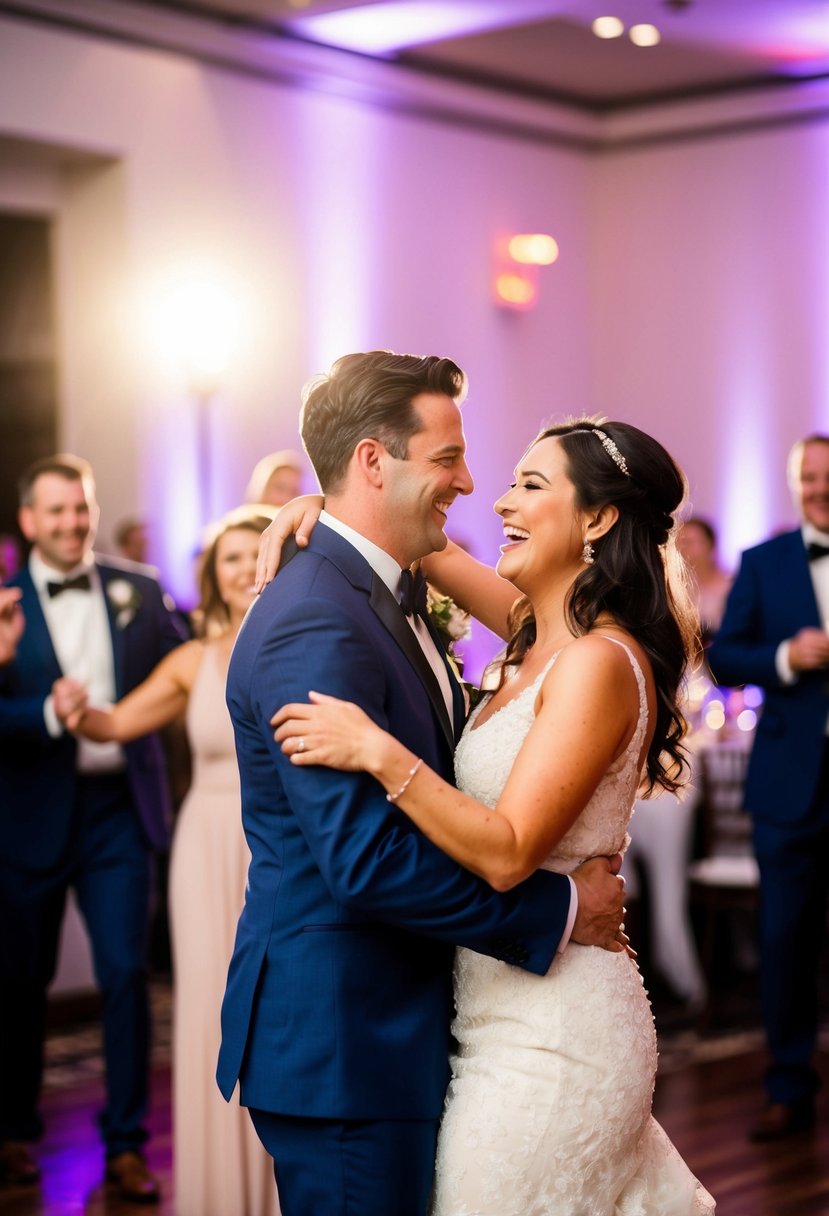 A couple dances joyfully as their favorite song plays at their wedding