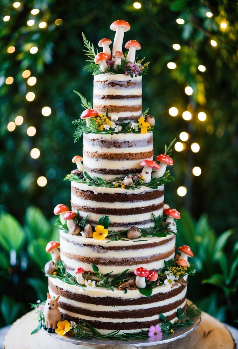 A towering cake adorned with edible flowers, mushrooms, and woodland creatures, set against a backdrop of lush greenery and twinkling fairy lights